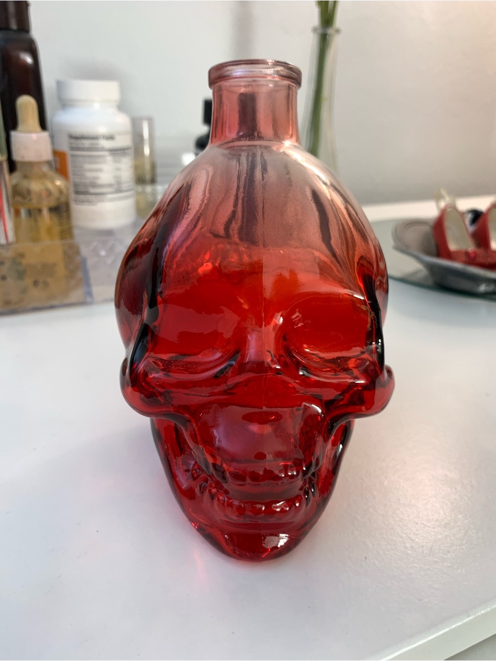 Red Glass Skull Vase — Decorative Home Art Accent
